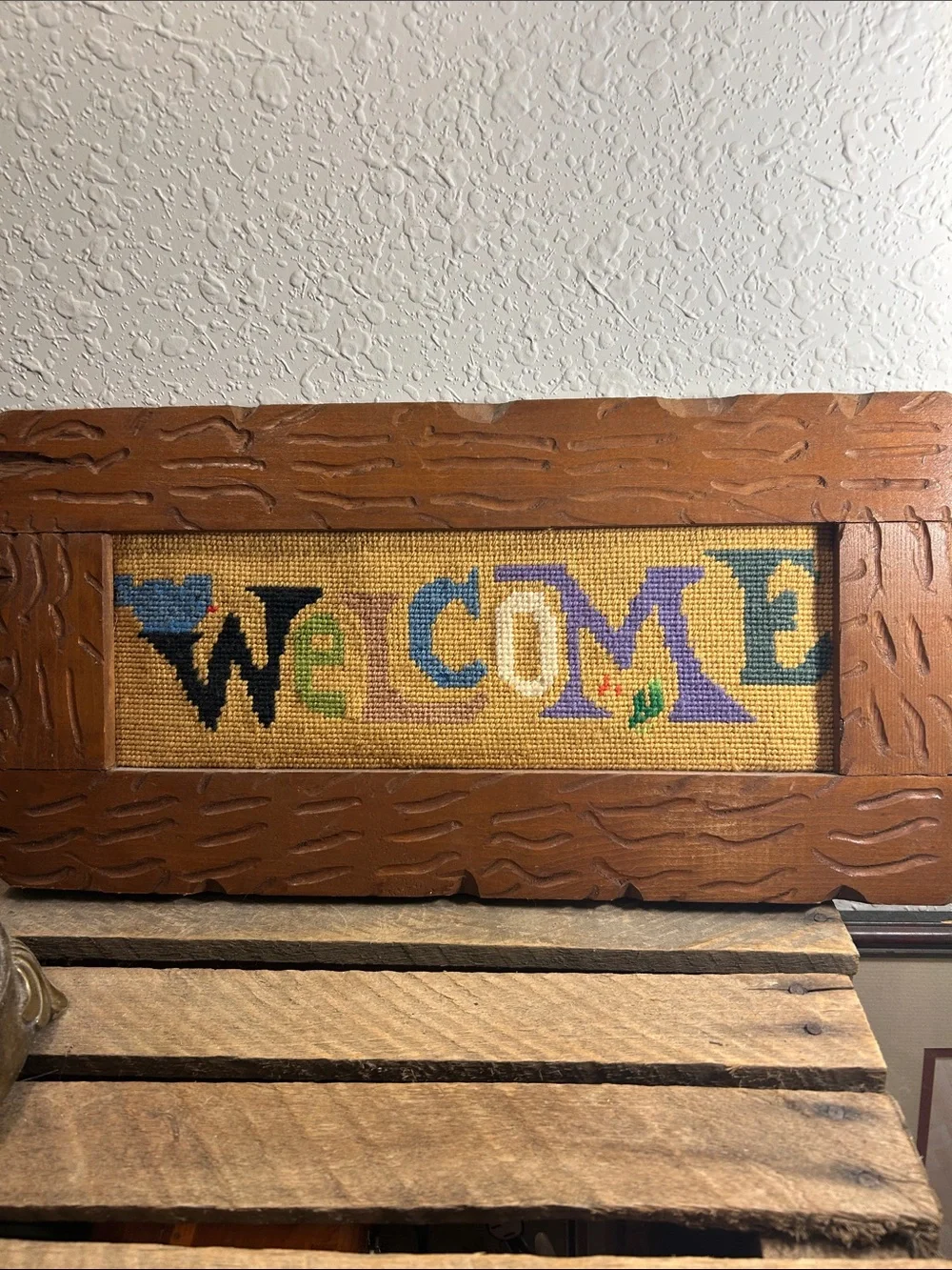 Welcome Sign Cross-Stitch Wall Accent in Multicolor
